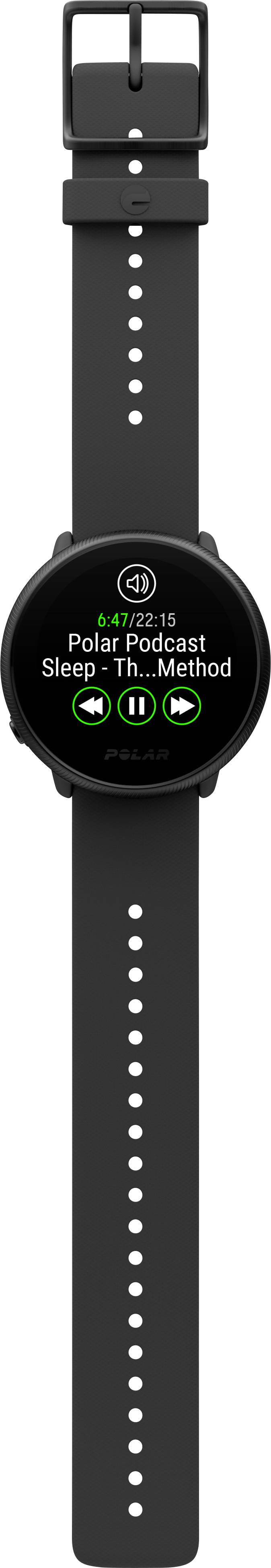 Schwarze Smartwatch mit Musikplayer-Anzeige. Bildschirm zeigt den Titel eines Podcasts 'Sleep...'. Bedienelemente: Pause, Vor- und Zurückspulen.