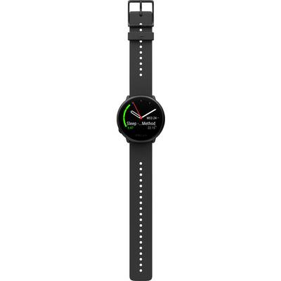 Schwarze Smartwatch mit rundem Zifferblatt. Zeigt Uhrzeit, Datum und Schlafmodus an. Markierung in grün und rot auf dem Display.