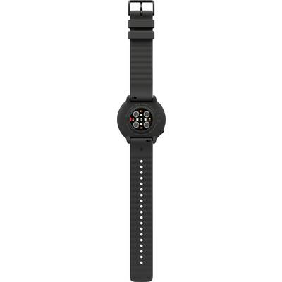 Schwarze Smartwatch mit Sensoren auf der Rückseite und verstellbarem Armband, zeigt keine sichtbare Anzeige oder Ziffernblatt.