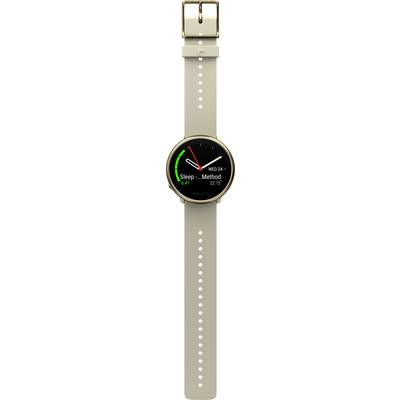 Smartwatch mit goldfarbenem Gehäuse und beigem Armband zeigt Datum 'WED 24' und 'Sleep Method' an. Batteriestatus grün.