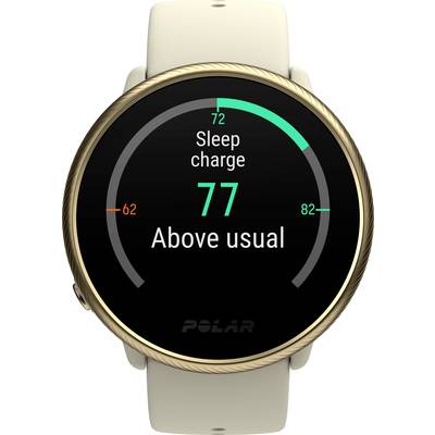 Eine Smartwatch zeigt 'Sleep charge: 77, Above usual'. Der Ladebalken verläuft von 62 bis 82.