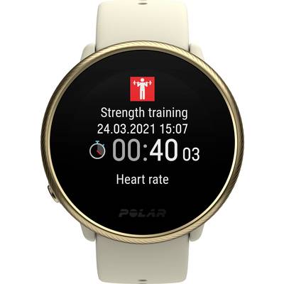 Eine Smartwatch zeigt 'Strength training', Datum 24.03.2021, Uhrzeit 15:07, eine Uhr bei 00:40:03 und 'Heart rate'.