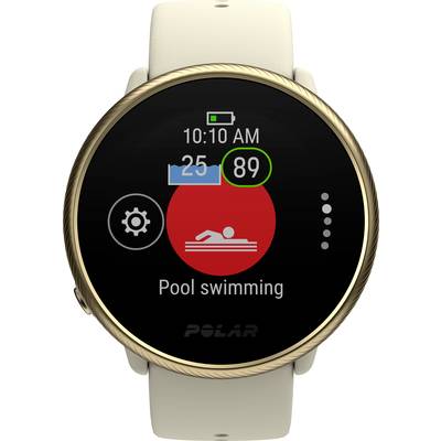 Smartwatch mit Pool-Schwimmmodus auf dem Bildschirm. Uhrzeit ist 10:10 AM. Herzfrequenzanzeige zeigt 89. Batterieanzeige auf 50%.