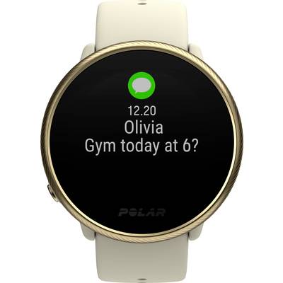 Smartwatch mit einer Nachricht: 'Olivia: Gym today at 6?'. Nachricht wird um 12:20 Uhr empfangen.