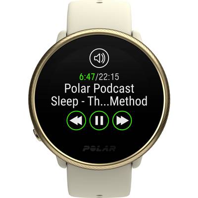 Eine Smartwatch zeigt einen Podcast mit dem Titel 'Polar Podcast Sleep - Th...Method', verbleibende Zeit 22:15 Minuten, Wiedergabe- und Pause-Symbole.
