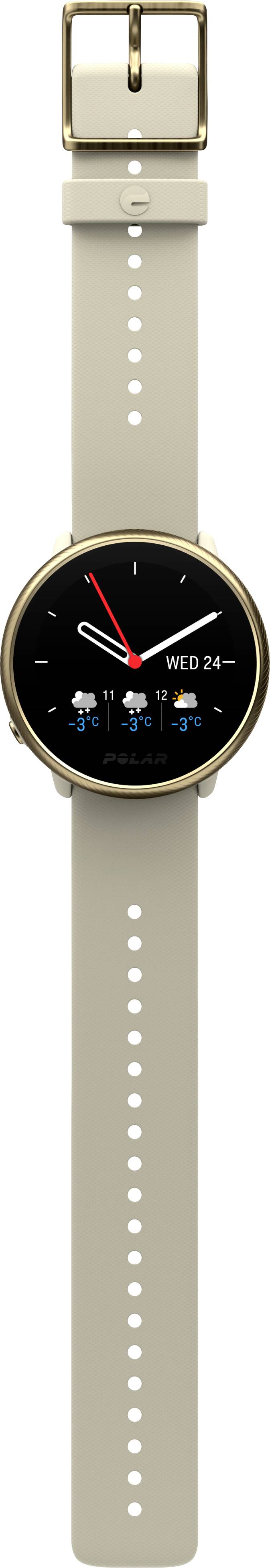 Smartwatch mit rundem Gehäuse und beigem Armband, zeigt Uhrzeit, Wettervorhersage mit Symbolen für Sonne und Regen sowie Tagesdatum.