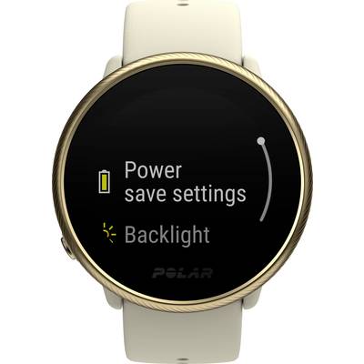 Smartwatch mit rundem Display zeigt 'Energiesparmodus' und 'Hintergrundbeleuchtung' an. Gehäuse goldfarben, Armband beige.