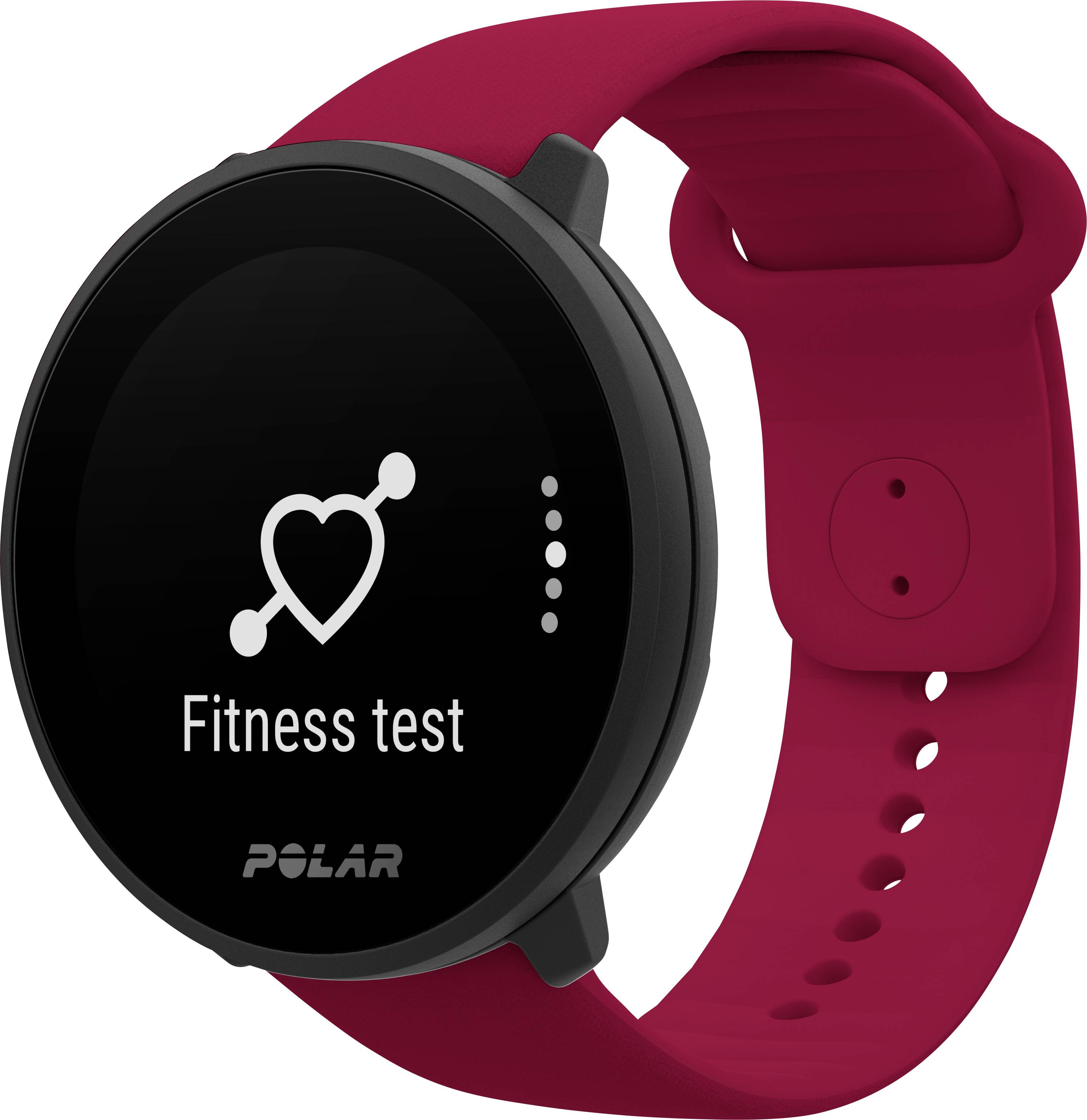 Rote Polar-Smartwatch zeigt 'Fitness test'-Bildschirm mit Herzsymbol und Punkten an.