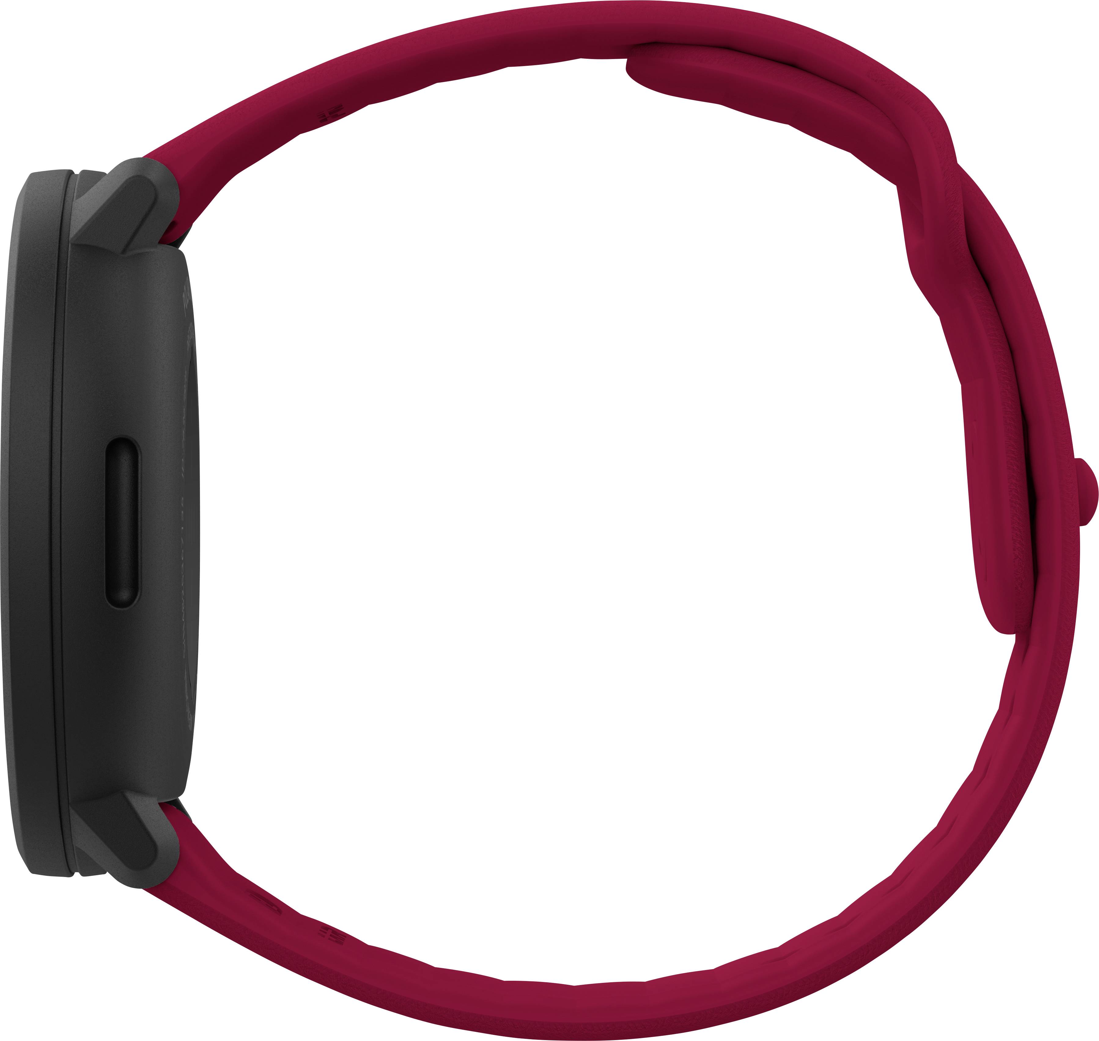 Eine rote, seitlich fotografierte Armbanduhr mit rundem Zifferblatt. Das Design wirkt sportlich und modern.