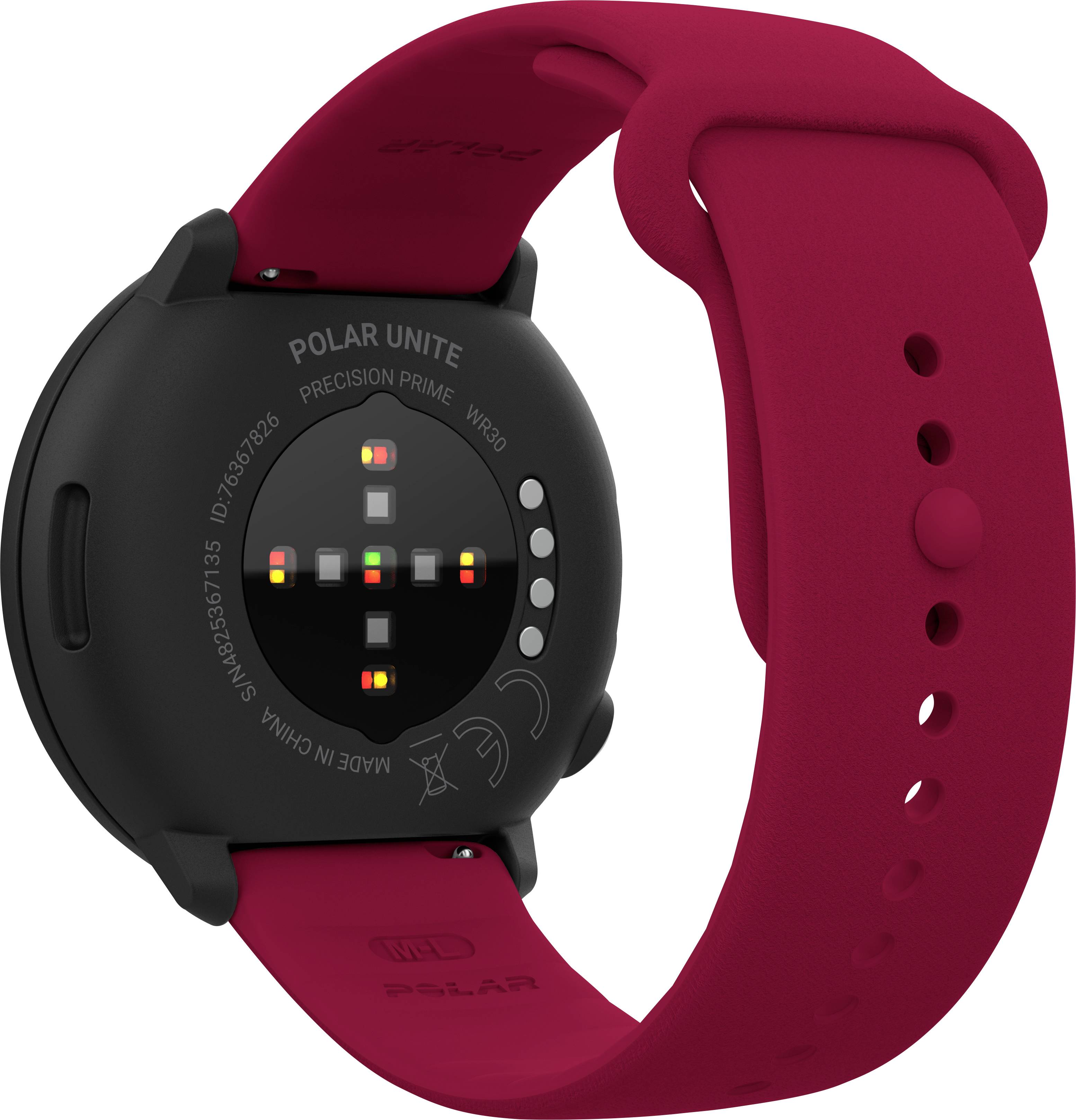 Eine schwarze Smartwatch mit rotem Armband, Rückseite sichtbar, zeigt Sensoren zur Erfassung von Gesundheitsdaten.
