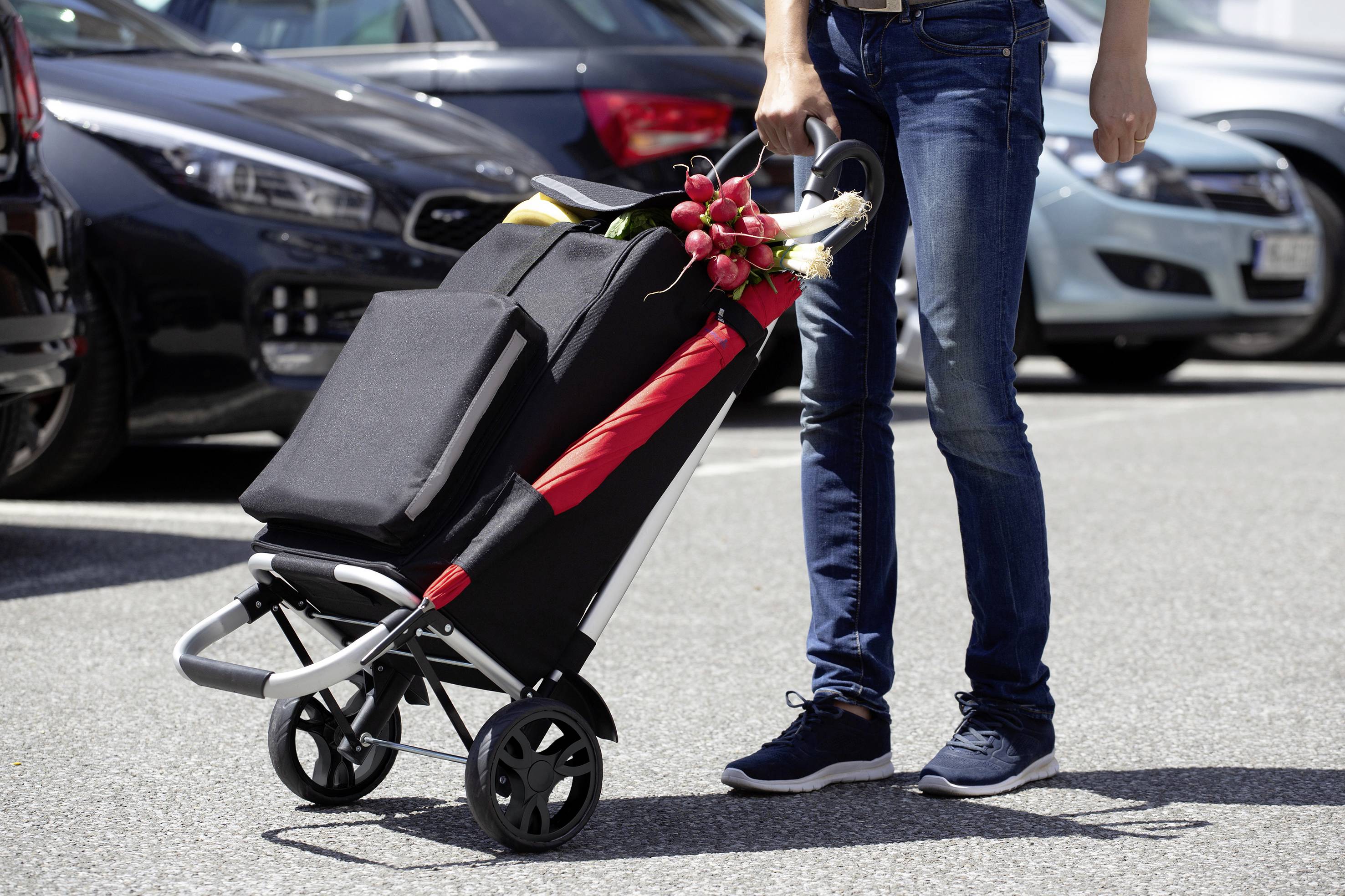 Eine Person schiebt einen schwarzen Einkaufswagen auf einem Parkplatz. Im Wagen befinden sich frische Radieschen und Lauch.