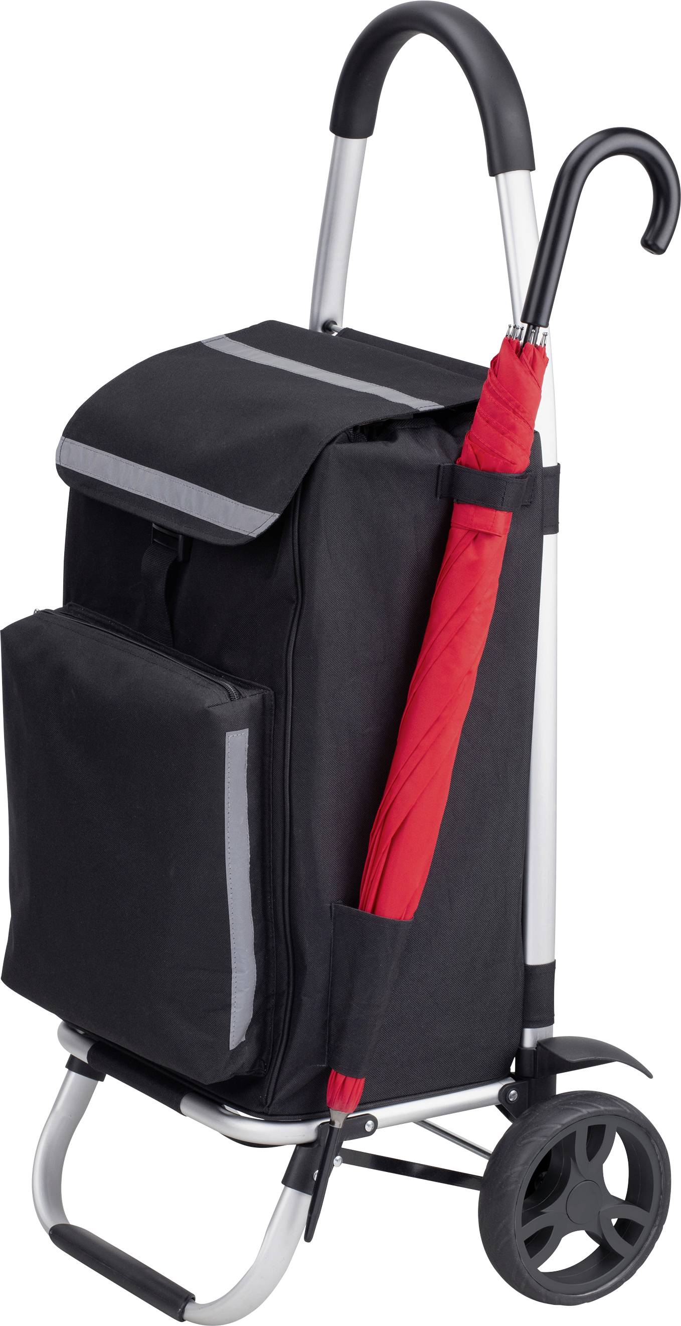 Ein schwarzer Einkaufswagen mit zwei Rädern und einem Griff. An der Seite ist ein roter Regenschirm befestigt.