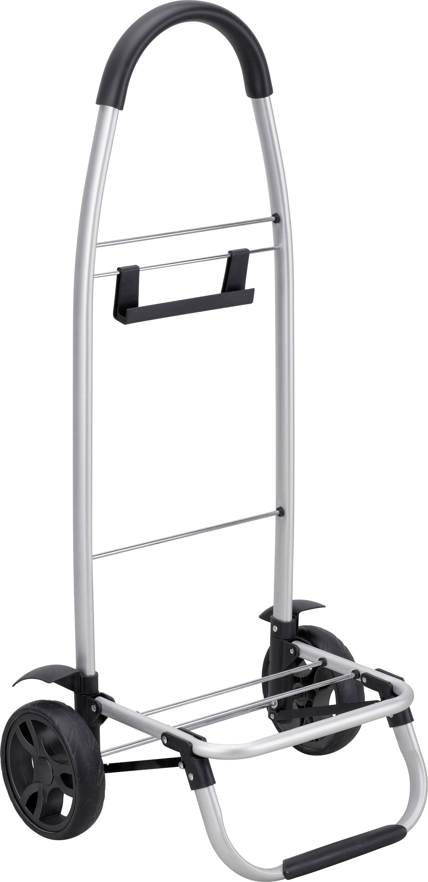 Klappbarer Transportwagen mit zwei großen Rädern und schwarzem Griff, geeignet für den Einsatz beim Transport schwerer Gegenstände.