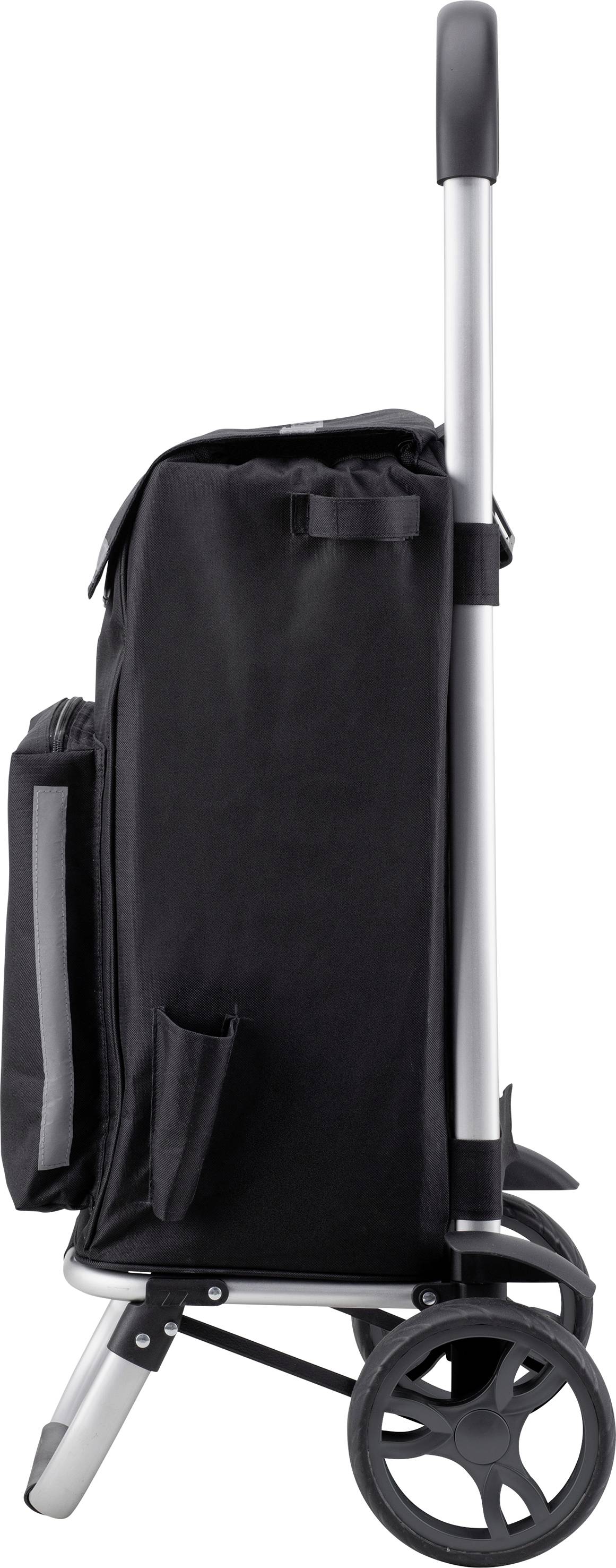 Schwarzer Einkaufswagen mit großen Rädern und langem Griff, seitliche Fächer, ideal zum Transportieren von Einkäufen.