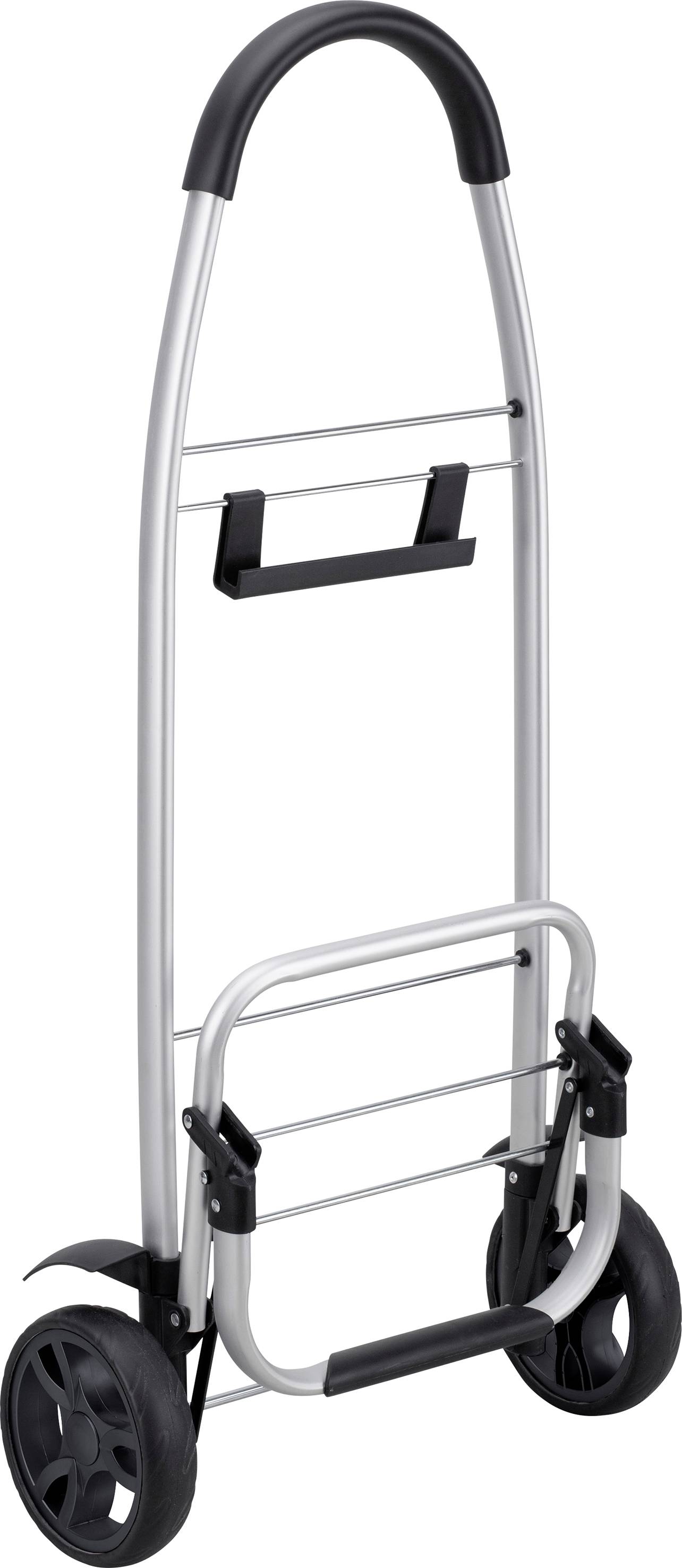 Ein zusammenklappbarer Handwagen aus Metall mit zwei großen Rädern und einem schwarzen Griff. Ideal zum Transport von Lasten.