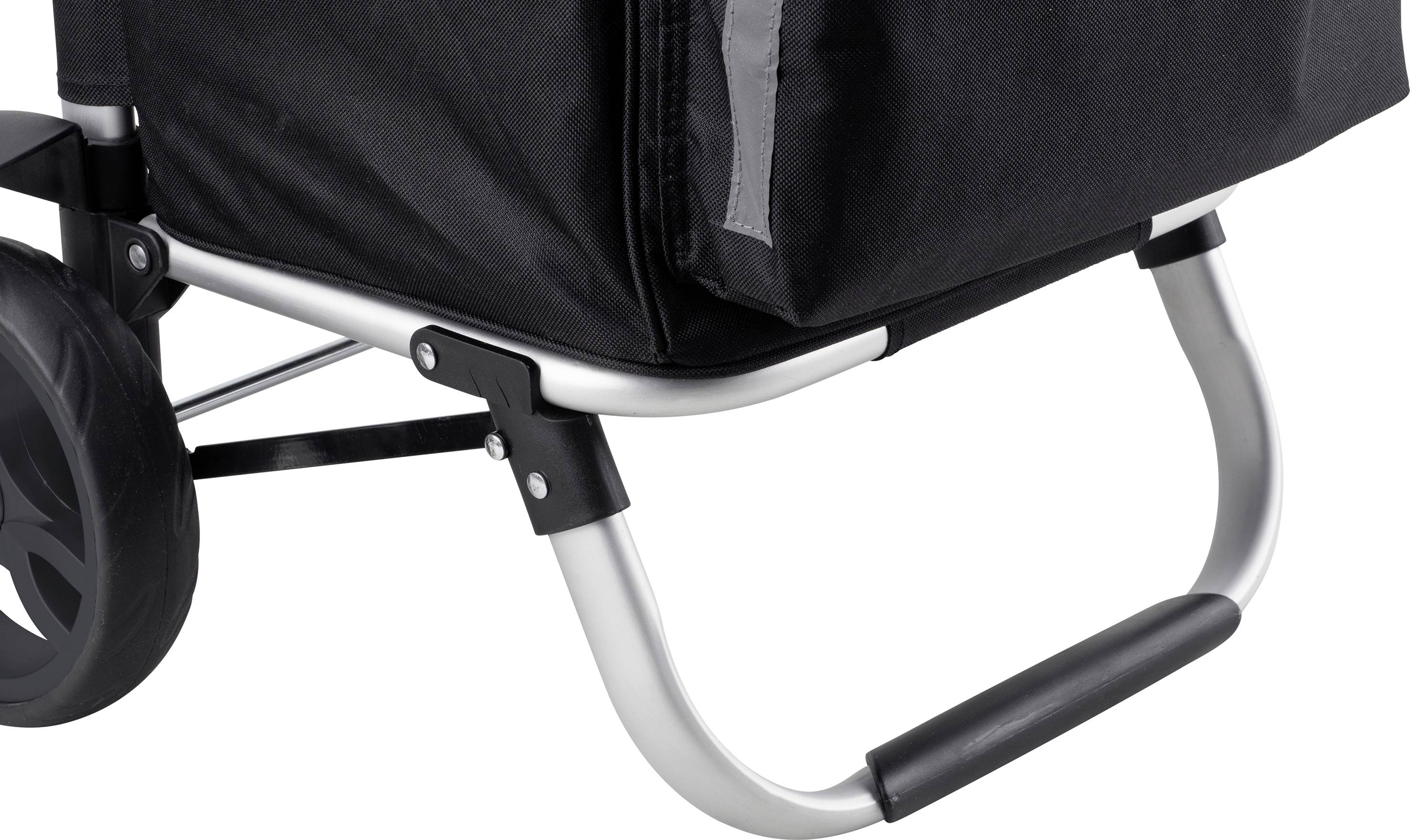 Ein schwarzer Einkaufswagen mit stabiler Metallstruktur und schwarzen Rädern, geeignet für den Transport von Einkäufen.