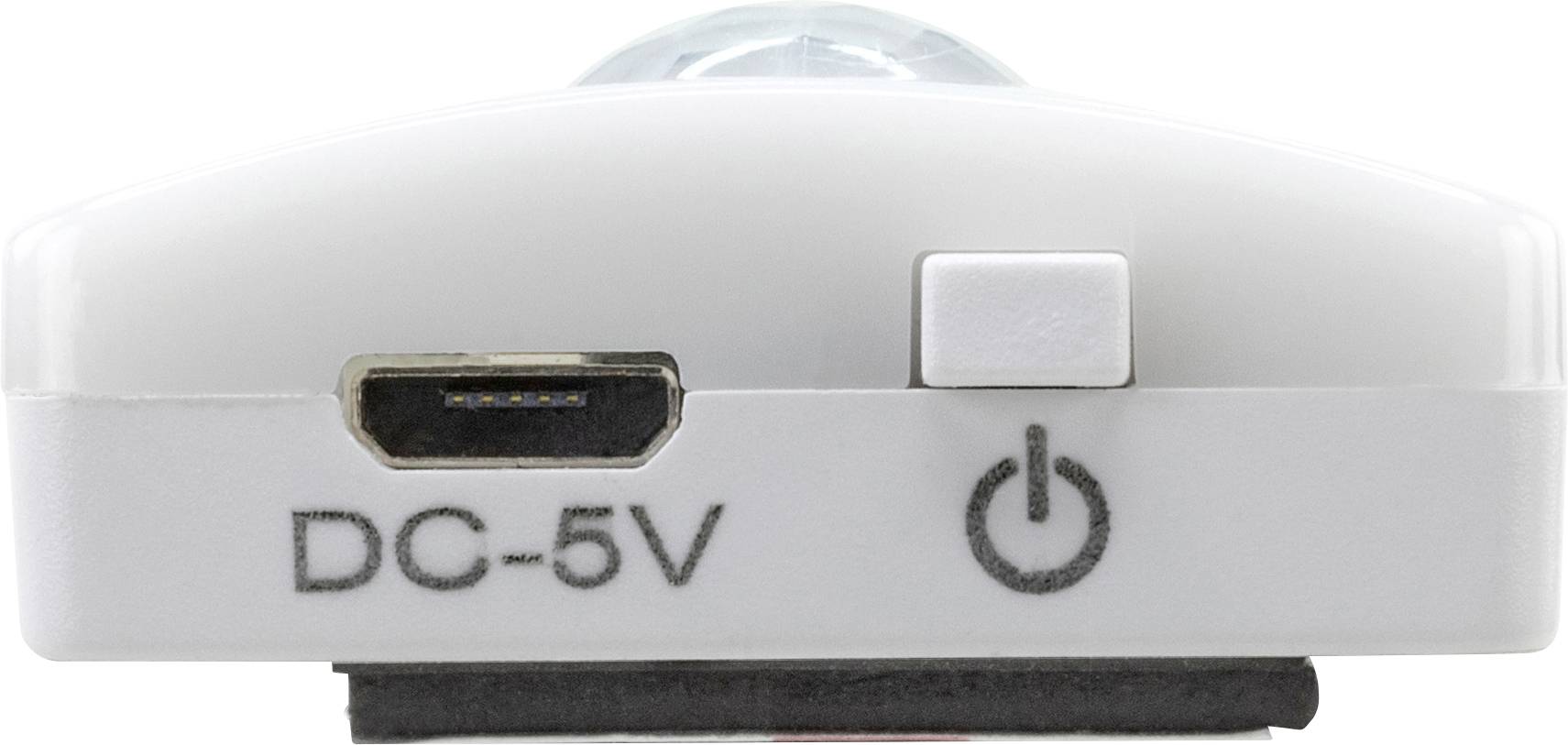 Unterseite eines weißen Geräts mit einem Micro-USB-Anschluss beschriftet mit 'DC-5V' und einem Ein-/Ausschaltknopf.