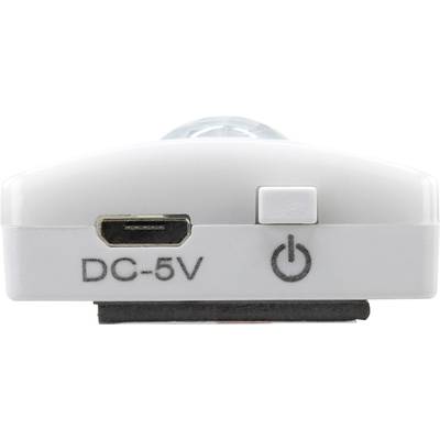 Unterseite eines weißen Geräts mit einem Micro-USB-Anschluss beschriftet mit 'DC-5V' und einem Ein-/Ausschaltknopf.