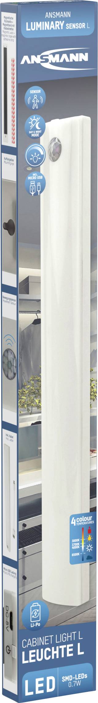 Verpackung einer LED-Leuchte der Marke Ansmann, Modell 'Cabinet Light L', mit Bewegungssensor, geeignet für Küche und Schrank.
