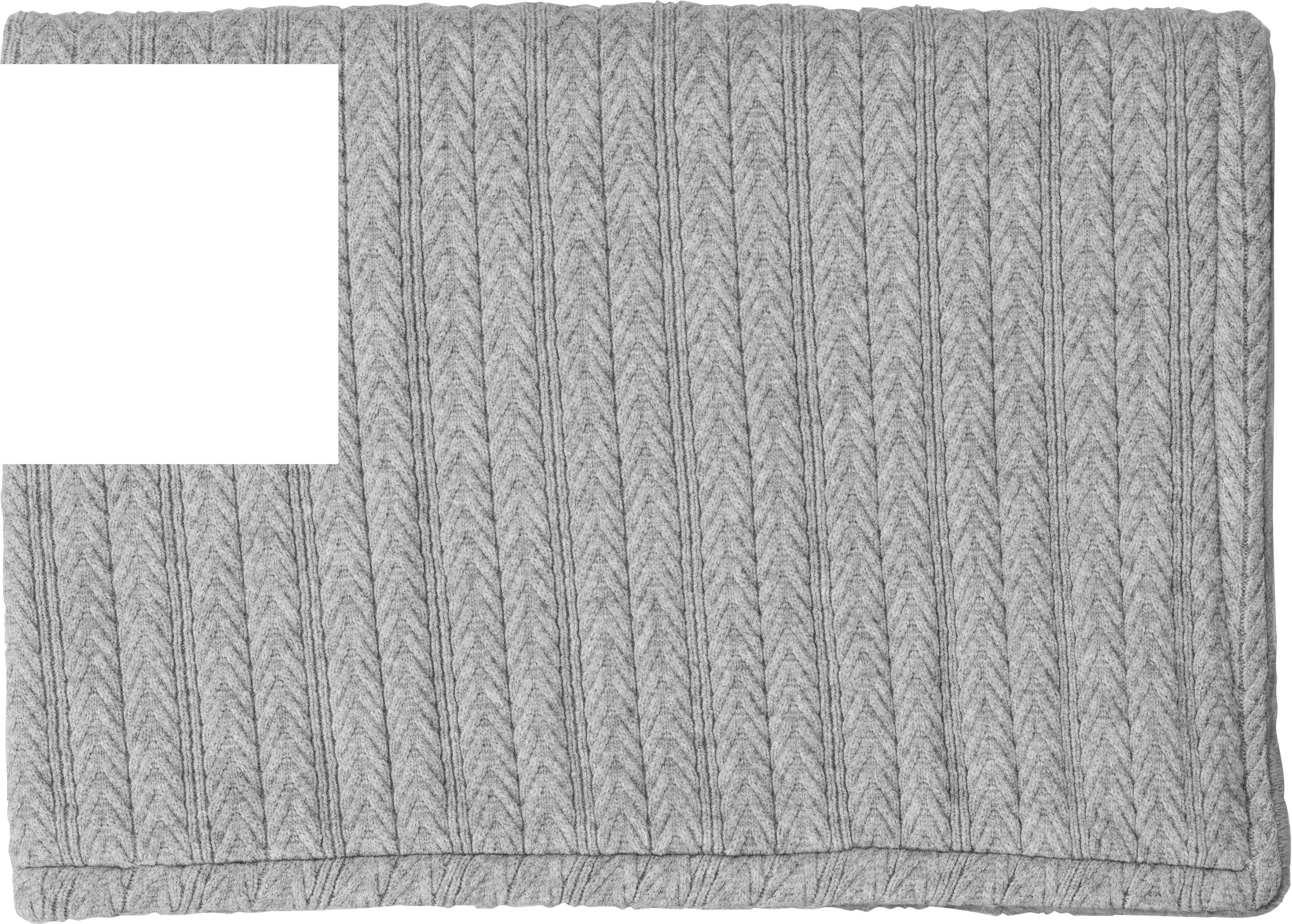 Graue gestrickte Decke mit Zopfmuster. Rechteckiger Ausschnitt links oben zeigt innere Struktur. Ideal für gemütliche Wohnräume.