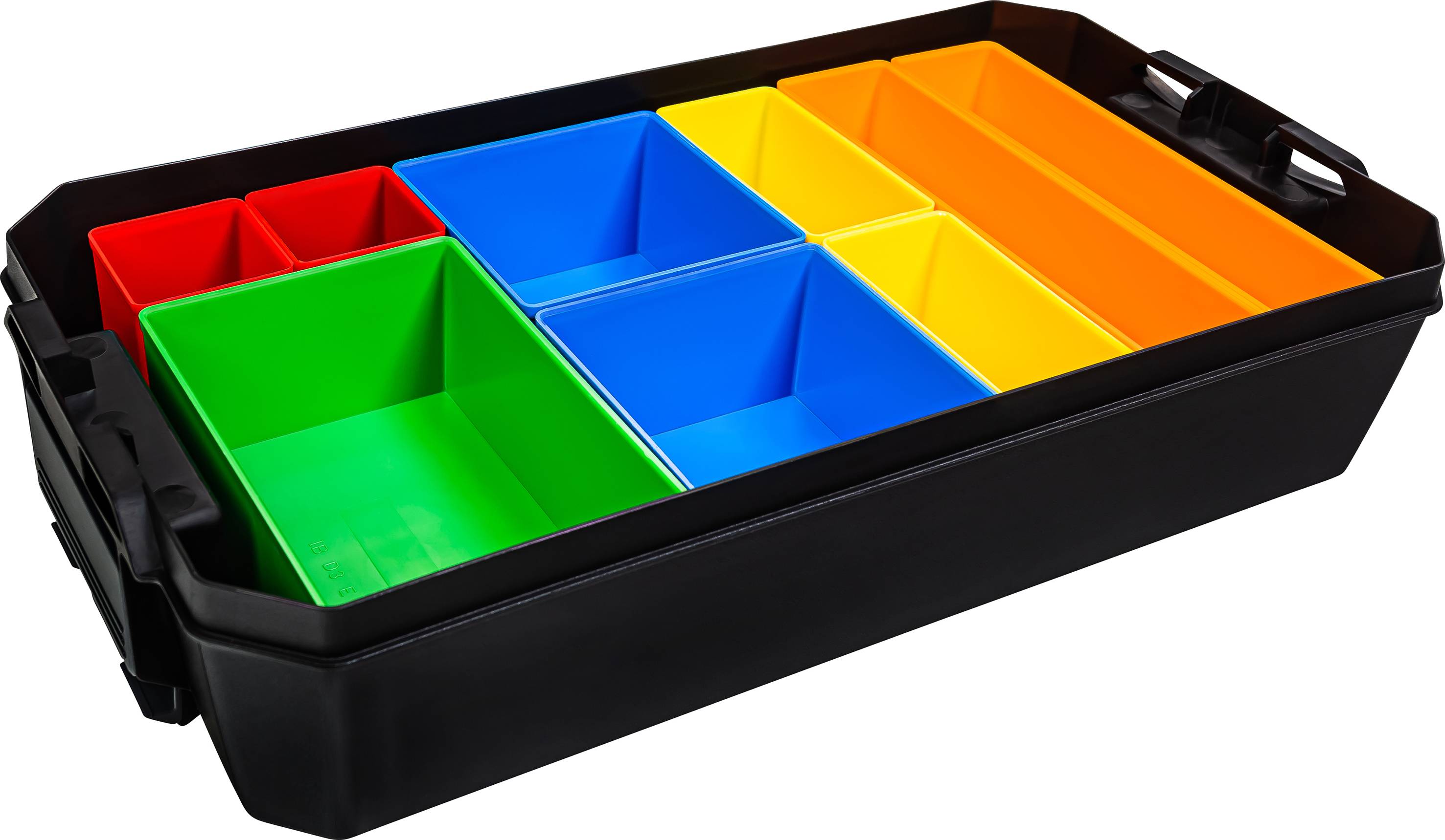 Ein schwarzer Organizer mit herausnehmbaren, verschiedenfarbigen Fächern in Rot, Grün, Blau, Gelb und Orange.