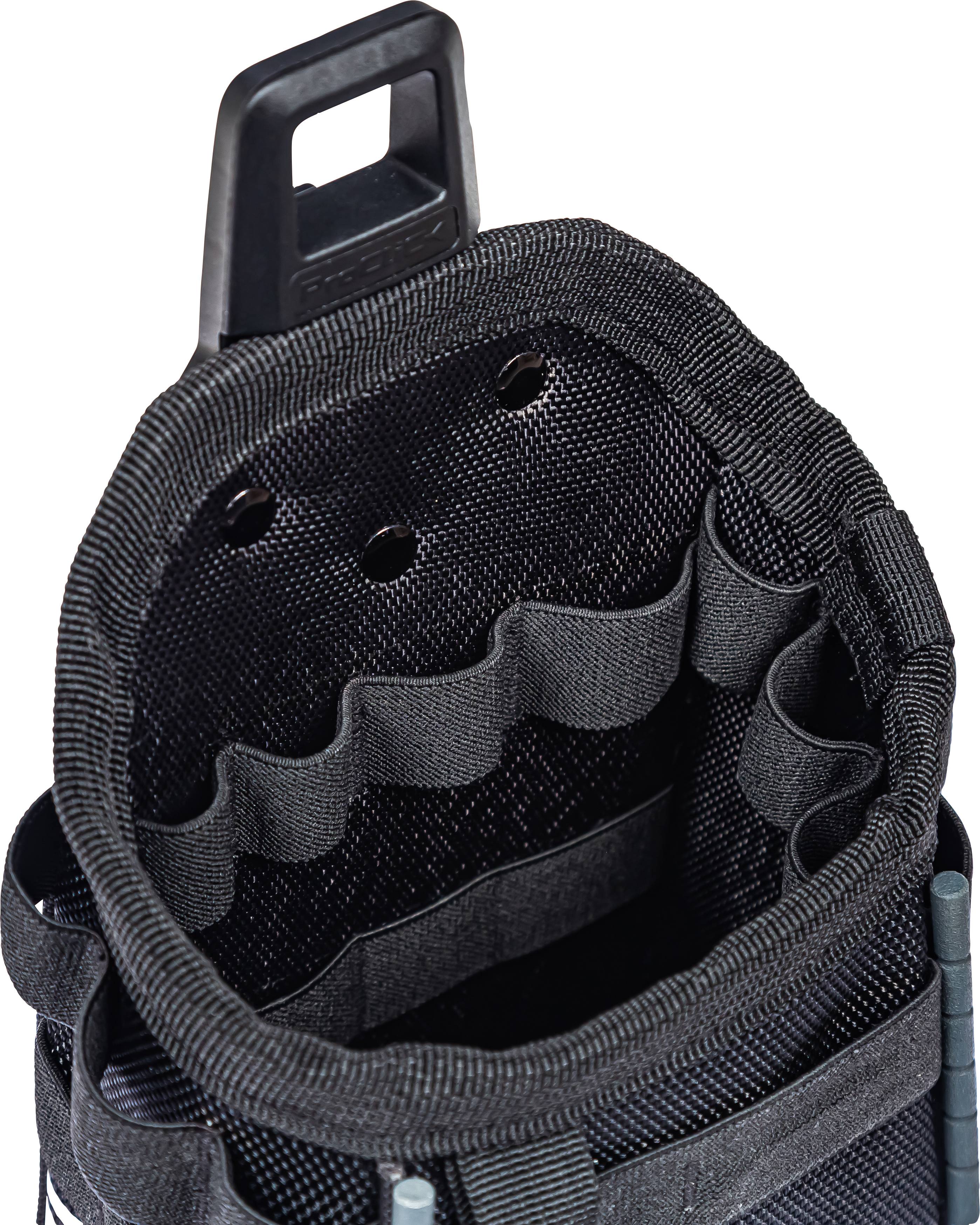 Schwarze Werkzeugtasche mit mehreren Fächern und Griff. Ideal zur Aufbewahrung von Werkzeugen und Zubehör.