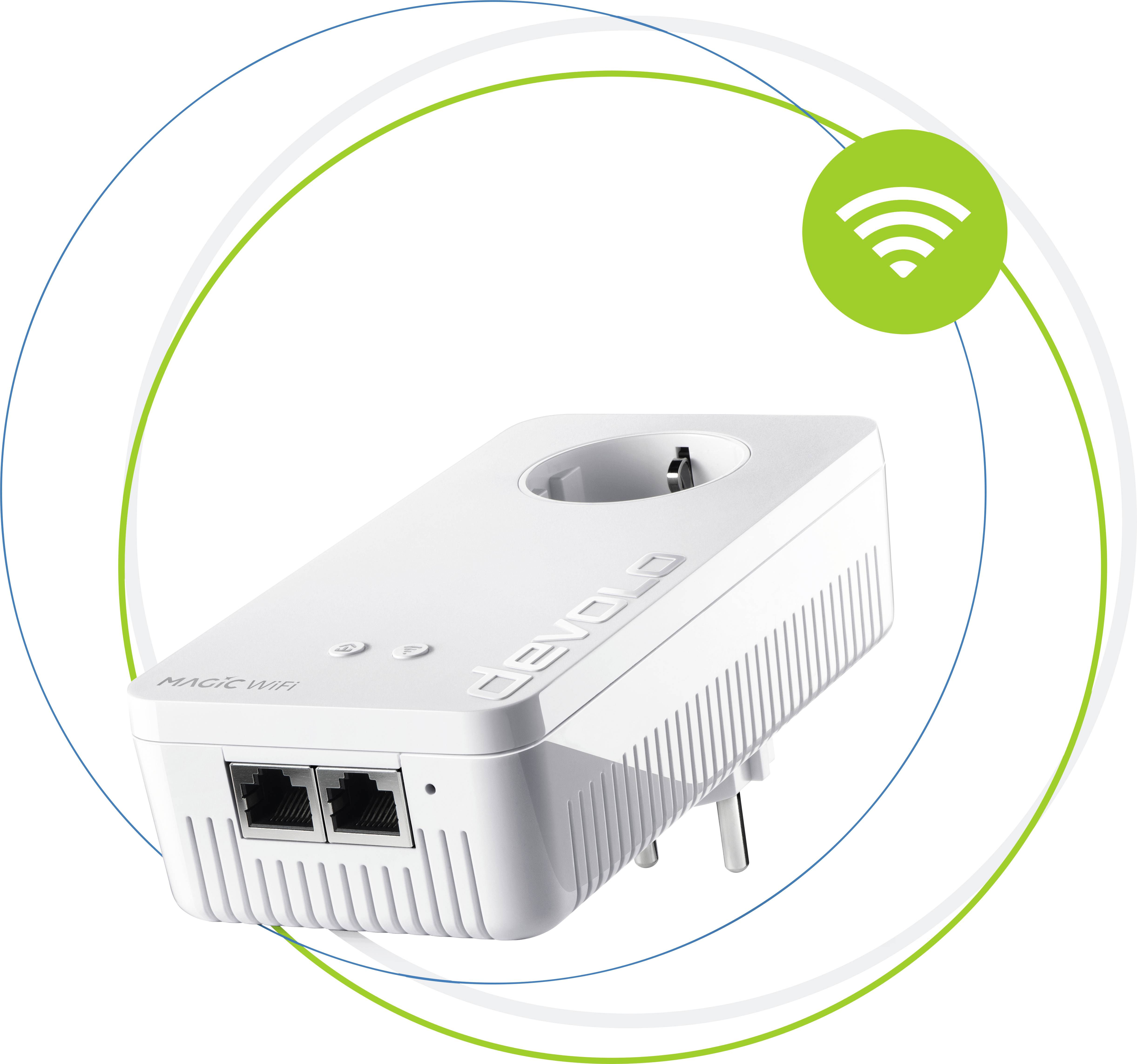 Ein dLAN Adapter mit zwei Ethernet-Ports und integrierter Steckdose. Das Gerät ermöglicht Internetverbindung über Stromleitungen.
