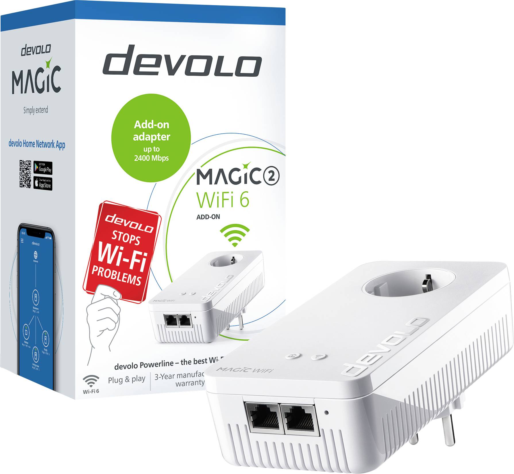 Verpackung des Devolo Magic 2 WiFi 6 Adapters, der bis zu 2400 Mbps unterstützt. Zwei Ethernet-Ports und Steckdose integriert.