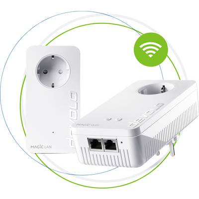 Zwei weiße Powerline-Adapter von Devolo, einer mit WLAN-Symbol. Der Adapter links hat eine Steckdose. Verbindung über Stromnetz.