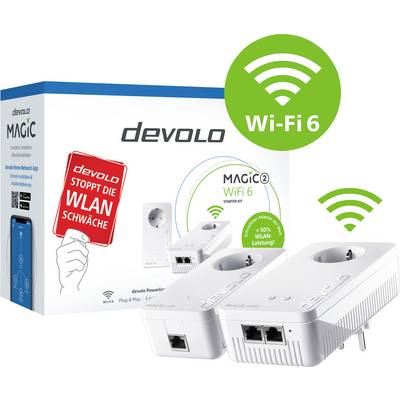 'Devolo Magic 2 WiFi 6 Starter Kit' Verpackung mit zwei Powerline-Adaptern. Verspricht 'Stoppt die WLAN-Schwäche' und '50% mehr Leistung'.