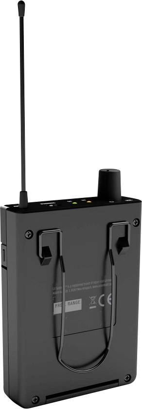 Ein schwarzer, tragbarer, drahtloser Empfänger mit Antenne und Gürtelclip, geeignet für die Übertragung von Audiosignalen.