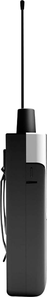 Schwarzes, hohes Funkgerät mit ausziehbarer Antenne, seitlicher Haltevorrichtung und silbernem Akzent auf der Vorderseite.