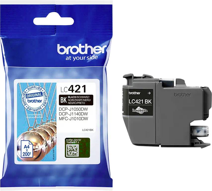 Die Abbildung zeigt eine Brother Druckerpatrone LC-421BK in schwarzer Verpackung. Geeignet für DCP-J1050DW, J1140DW, MFC-J1010DW.
