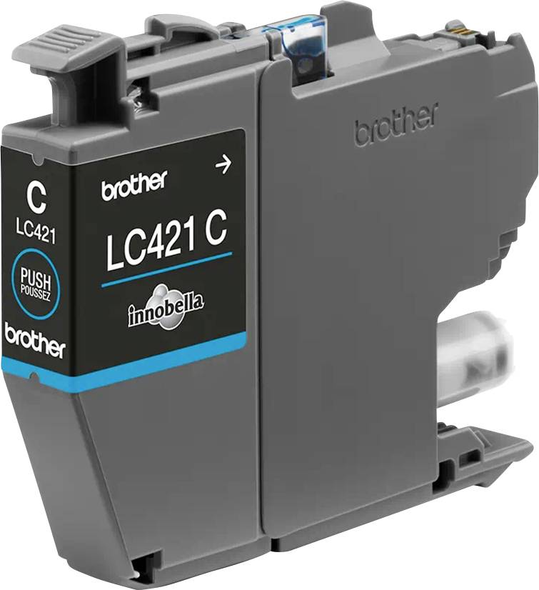 Graue Brother LC421C-Tintenpatrone, seitlich gesehen, mit blauem Band und 'innobella'-Logo bedruckt.