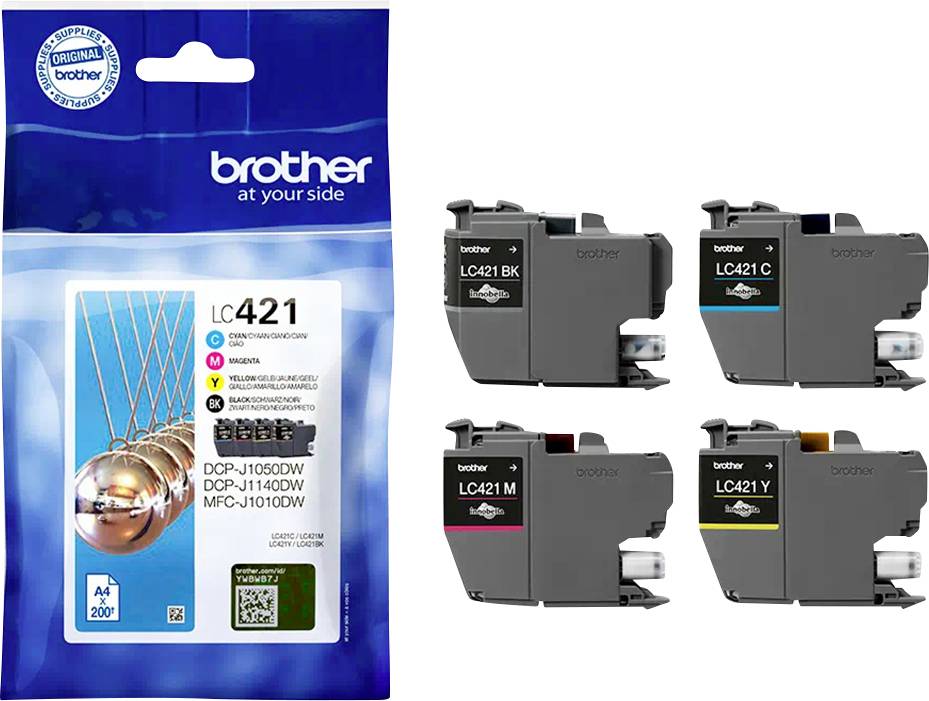 Vier Druckerpatronen von Brother: Schwarz, Cyan, Magenta und Gelb. Verpackung zeigt Modelle DCP-J1050DW, DCP-J1140DW, MFC-J1100DW.
