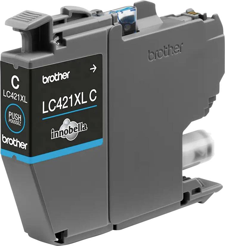 Eine graue Druckerpatrone mit blauem Etikett, darauf steht 'brother LC421XL C'.