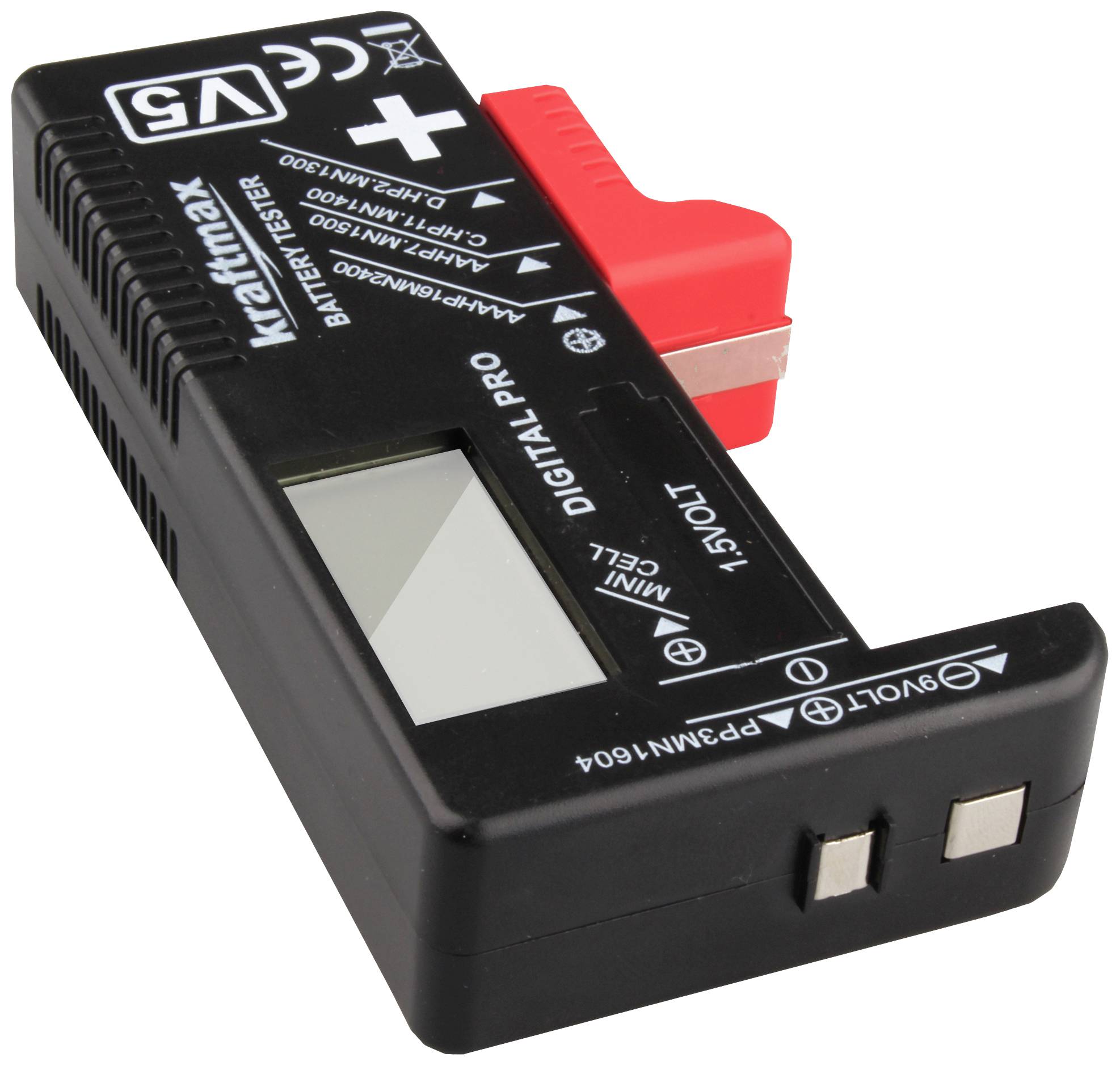 Batterietester von Kraftmax, Digitalanzeige und zwei Metallkontakte zur Messung. Enthält Plus- und Minus-Symbole auf der Vorderseite.