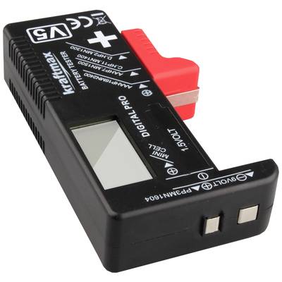 Batterietester von Kraftmax, Digitalanzeige und zwei Metallkontakte zur Messung. Enthält Plus- und Minus-Symbole auf der Vorderseite.