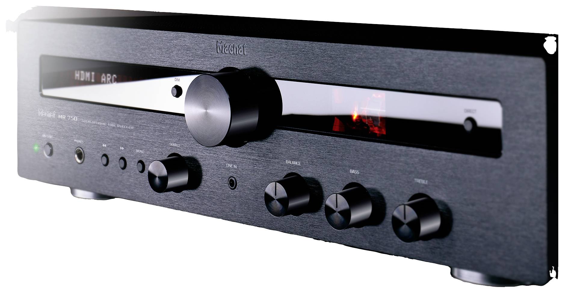 Ein schwarzer Hi-Fi-Verstärker mit mehreren Drehknöpfen und Anzeige für 'HDMI ARC' auf der Vorderseite.