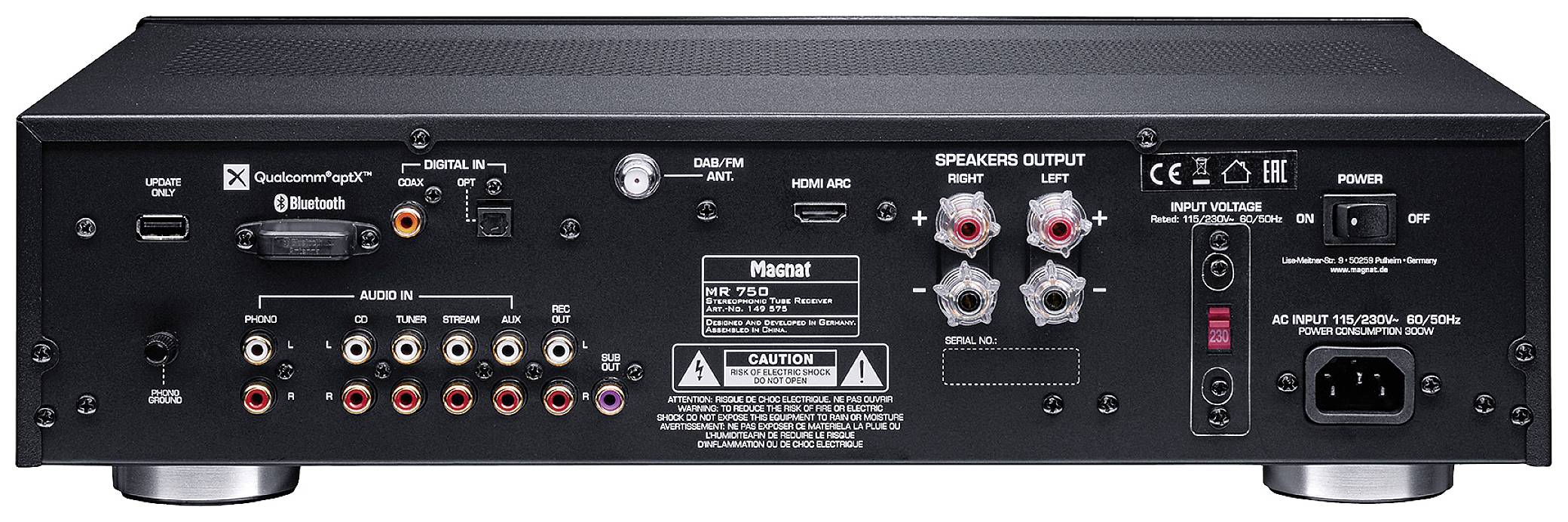 Rückansicht eines Audioverstärkers mit Anschlüssen für Lautsprecher, digitale und analoge Eingänge, Bluetooth-Logo und Stromanschluss.