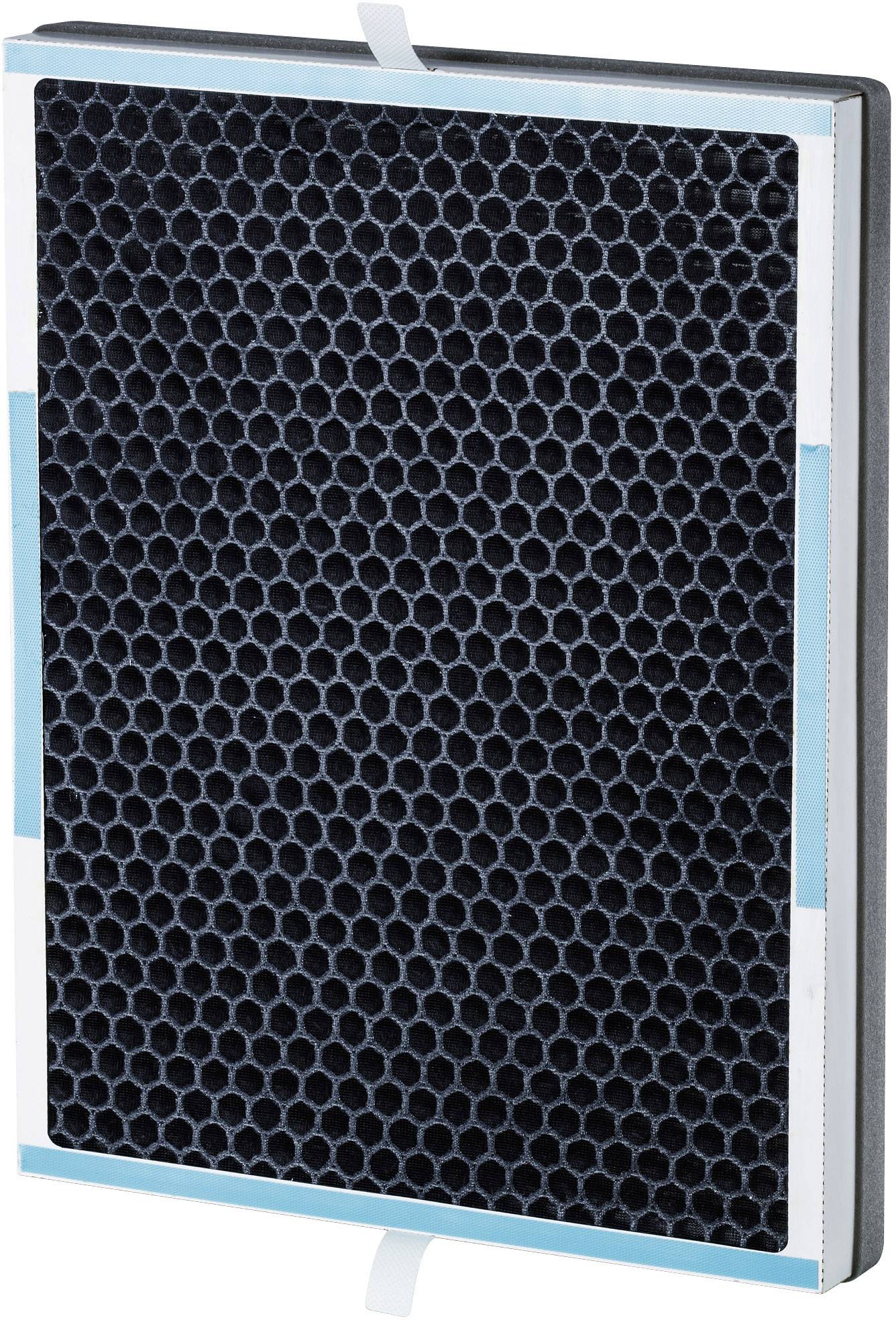 Ein rechteckiger Luftfilter mit schwarzer Wabenstruktur, eingebettet in einen blauen Rahmen, möglicherweise für ein Luftreinigungssystem.