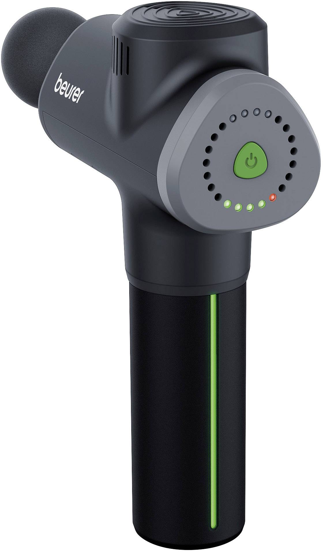 Schwarze Massagepistole mit grünem Leuchtstreifen, LED-Anzeige und Power-Taste. Markiert mit 'beurer'.