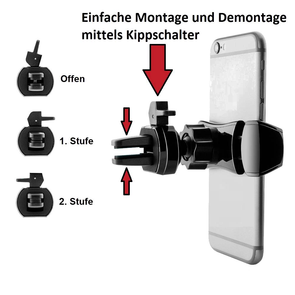 'Handyhalterung mit Klemmen, einfacher Einbau und Abbau durch Kippschalter. Links Einstellung in offenem Zustand, 1. und 2. Stufe.'