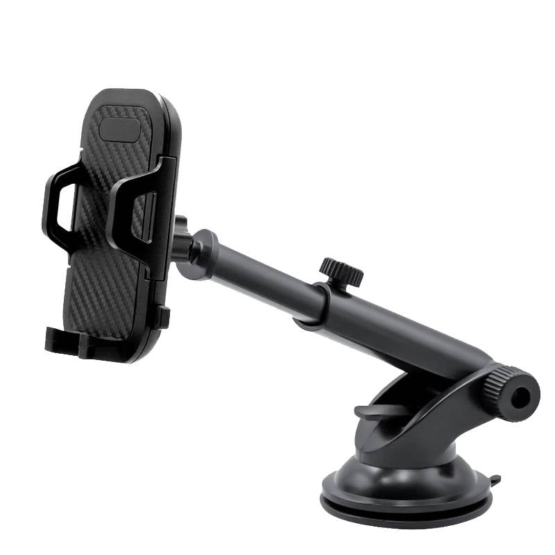 Schwarzer Universal-Handyhalter mit biegsamem Arm und Saugfuß. Ideal für den sicheren Halt von Smartphones im Auto.