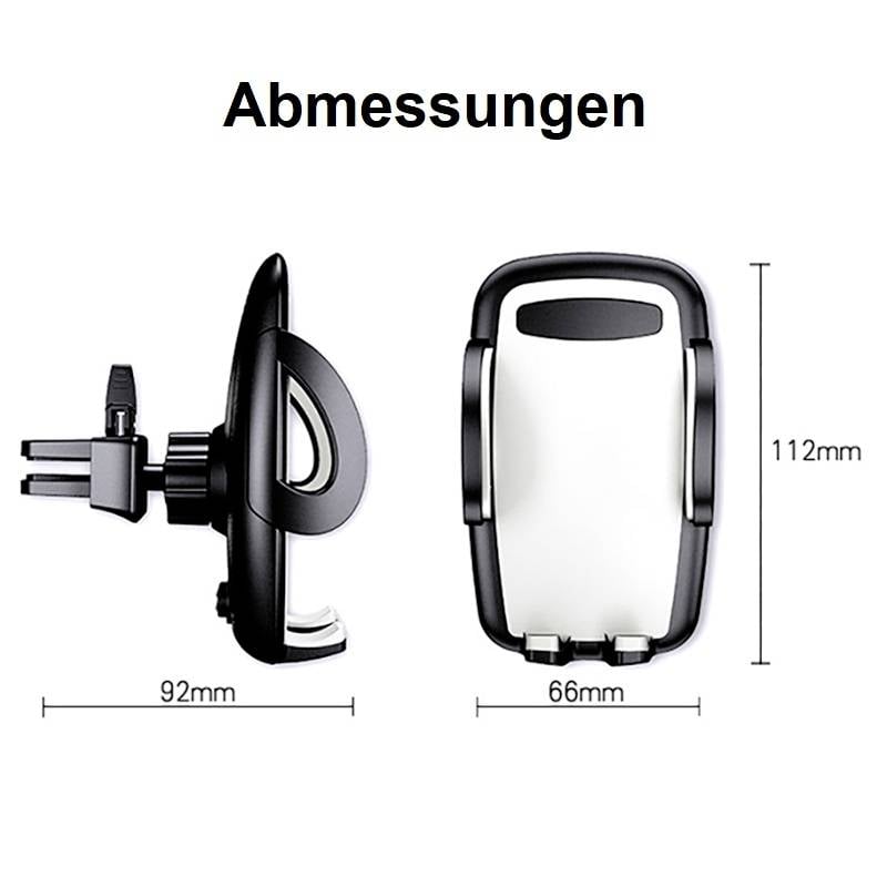 'Abmessungen': Autohalterung mit 92mm Länge, 66mm Breite und 112mm Höhe dargestellt, Ansicht von Seite und vorne gezeigt.
