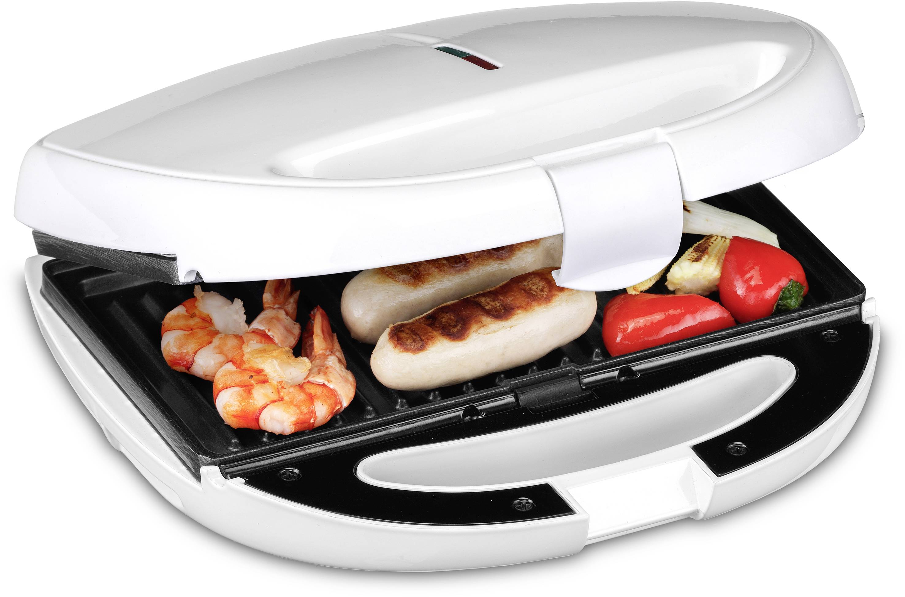 Ein elektrischer Kontaktgrill mit geöffnetem Deckel zeigt gegrillte Garnelen, Würstchen und Paprika darauf.