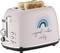 Ein rosa Toaster mit Regenbogen und der Aufschrift 'good vibes only', zwei Toastscheiben oben.