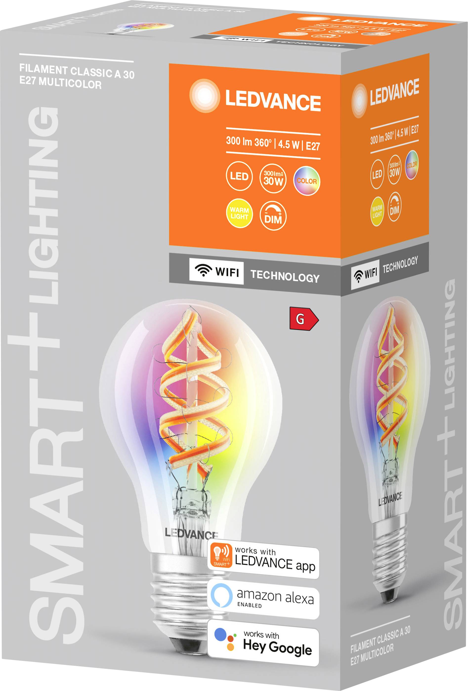 LED-Lampe in bunter Spirale auf Verpackung. Markenname 'Ledvance', Kompatibilität mit Smart-Home-Technologie angezeigt.