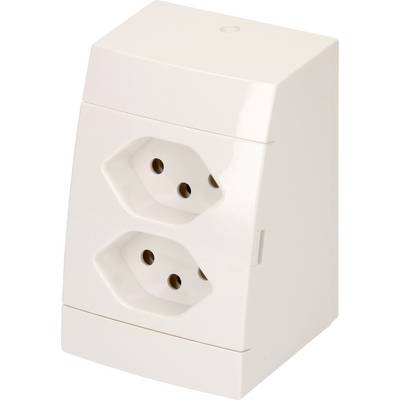 Zwei weiße Steckdosen in einem rechteckigen Gehäuse, übereinander angeordnet, für elektrische Anschlüsse.