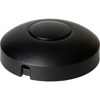 Ein schwarzer, runder, flacher USB-Fußschalter mit zentralem Knopf. Ideal zur Steuerung von Funktionen durch Fußdruck.